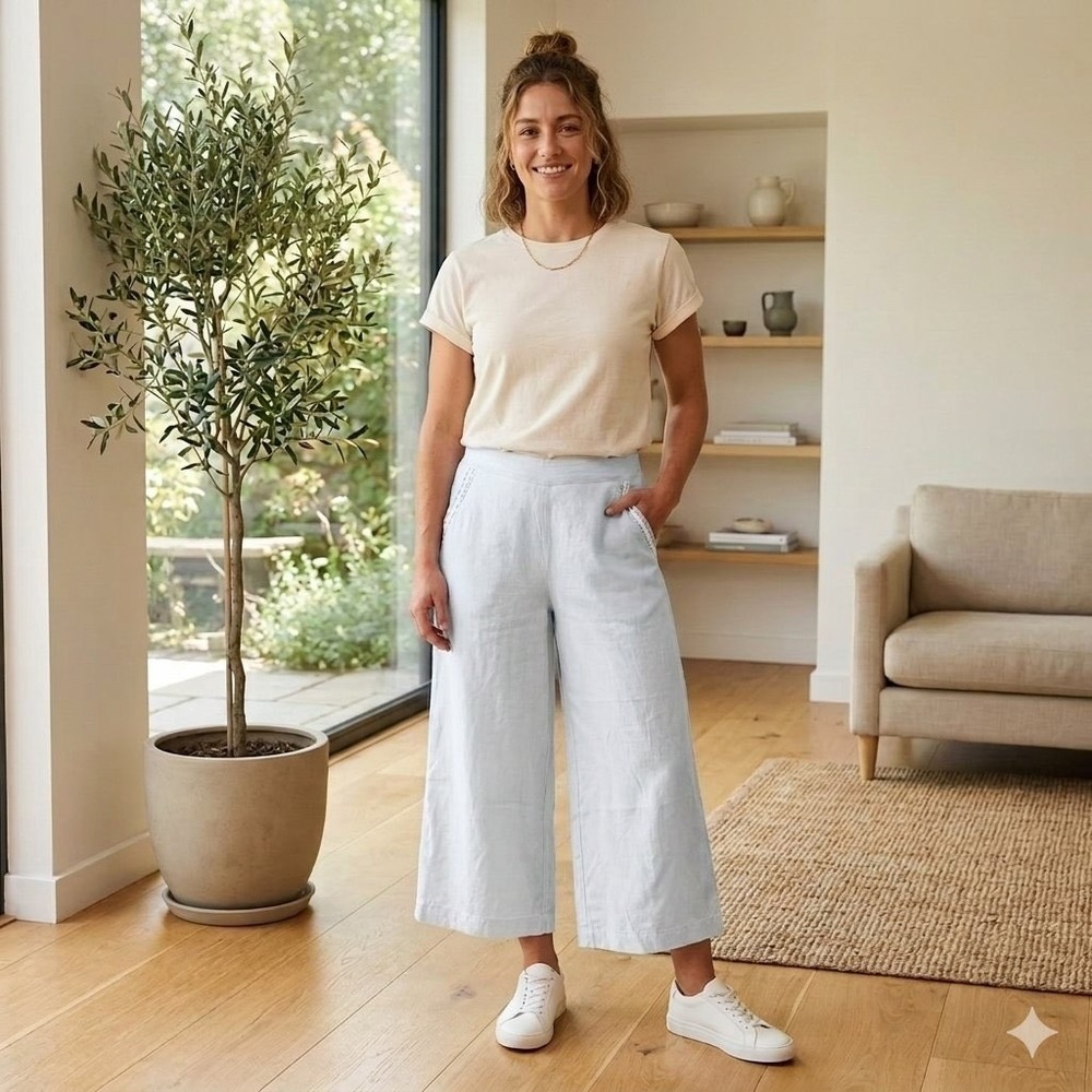 BCBGeneration Womens Light Wash Cotton Wide Leg Cropped Pants Crochet Trim L NWT